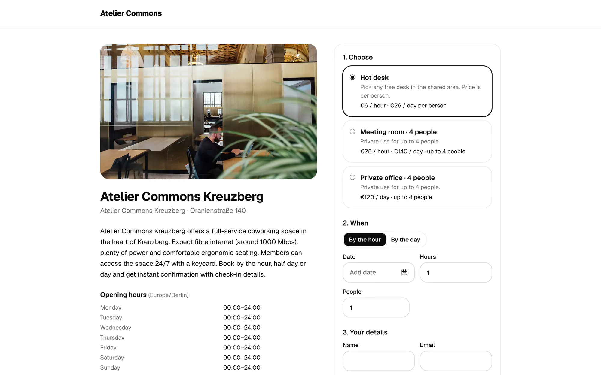 Public booking page for a coworking space with options for hot desk, meeting room and private office